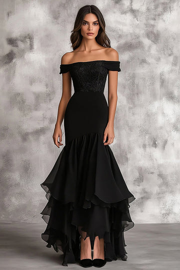 Black Off the Shoulder Mermaid Long Wedding Guest Dress with Ruffles